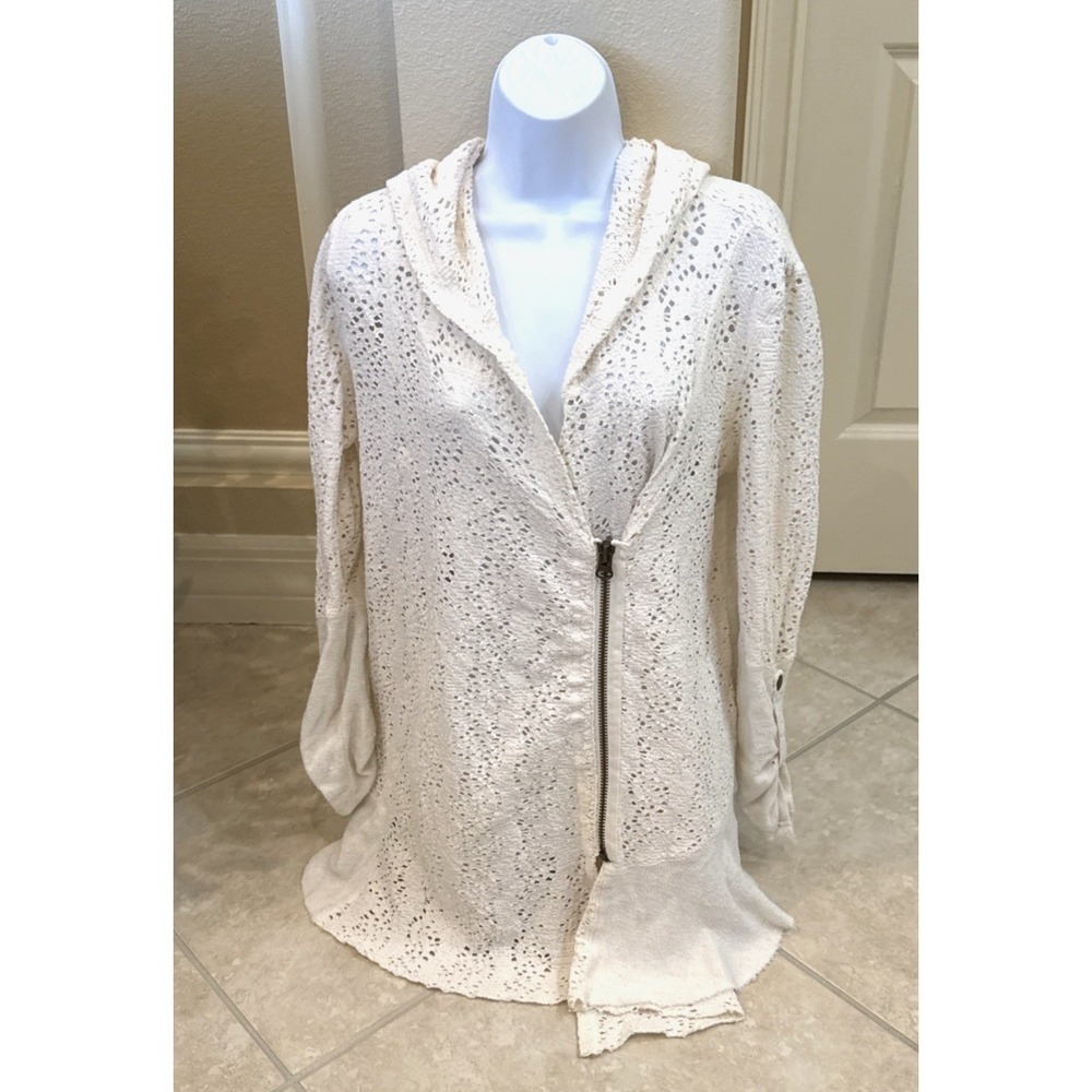 Free People Ivory Eyelet Lace Asymmetrical Zip Hoodie Jacket Cream XS